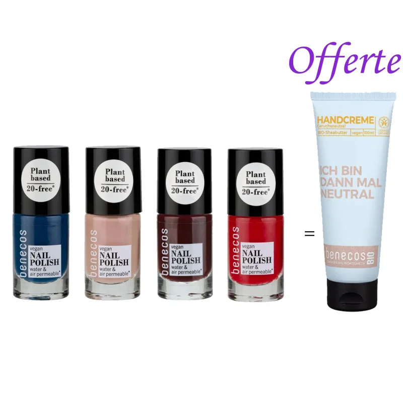 4 Vernis BENECOS Achete + CRÈME POUR LES MAINS SANS ODEUR 100ML Offerte